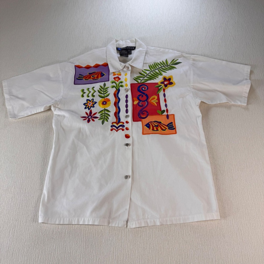 Vtg IB Diffusion Womens Sz 8 White Tropical Fish Floral Embroidered Button Shirt